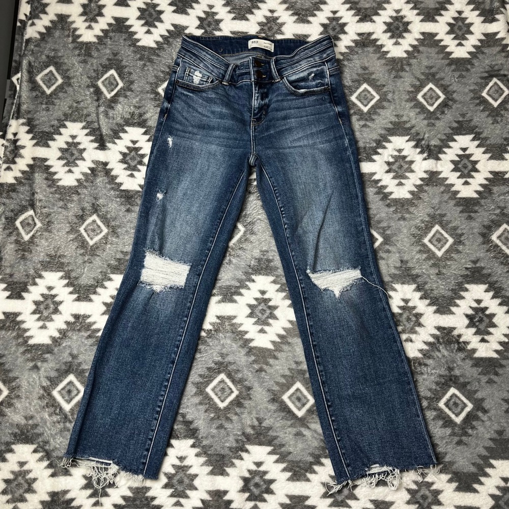 BKE Payton Mid Rise Cropped Straight Distressed Jeans 27x28 Dark Wash Raw Hem